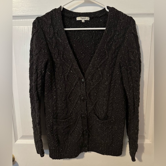 Madewell Wool Blend Knit Charcoal Button Up Cardigan Sweater with White Flecks - Picture 1 of 6